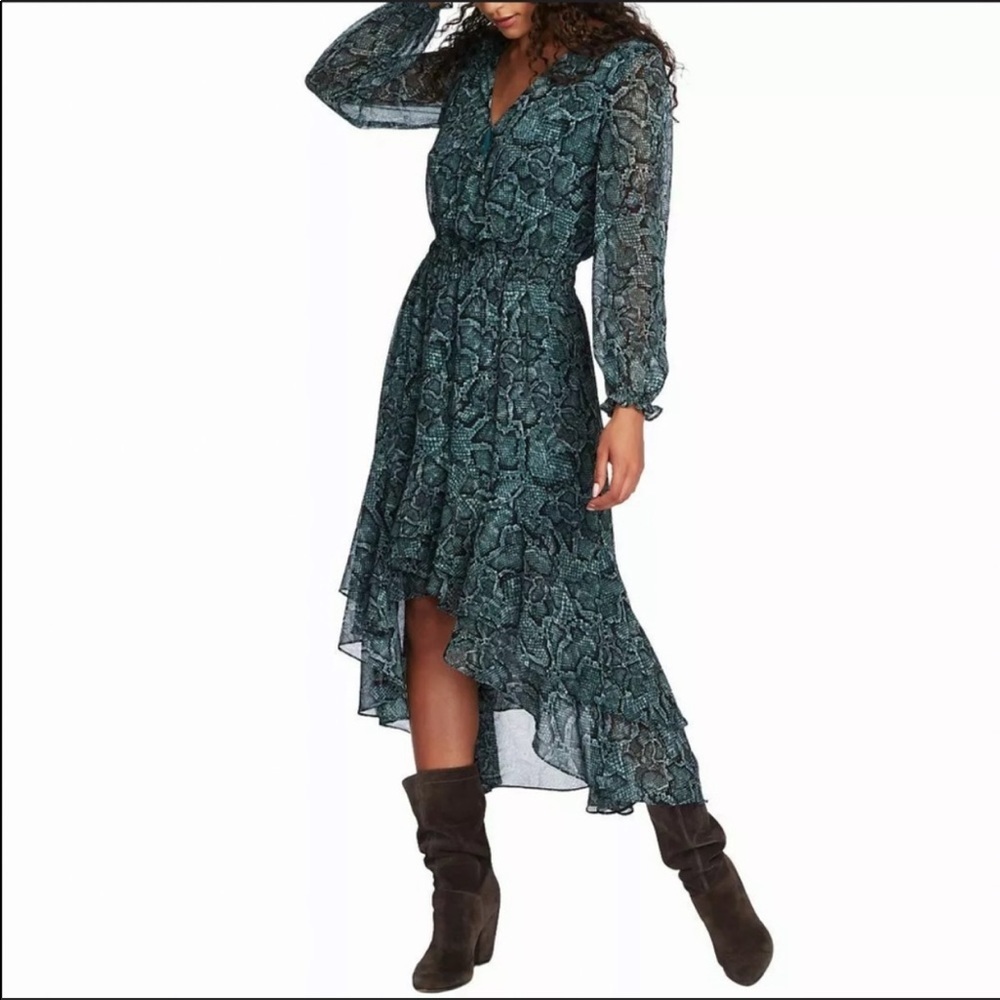 1.STATE Snake Print High Low Midi Dress Pine Green XS NWT